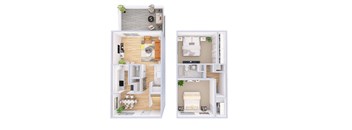 A white floor plan of a two-story apartment with a kitchen, living room, and bedrooms.