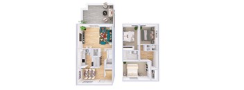 A floor plan of a small apartment with a kitchen, living room, and bathroom.