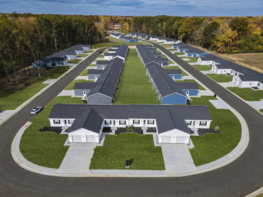 an aerial view of a subdivision of houses with roofs