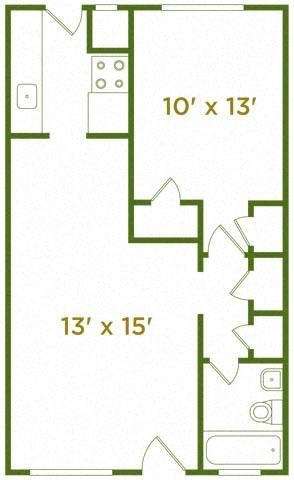 A floor plan of a room with dimensions 10' x 13' and 13' x 15'.