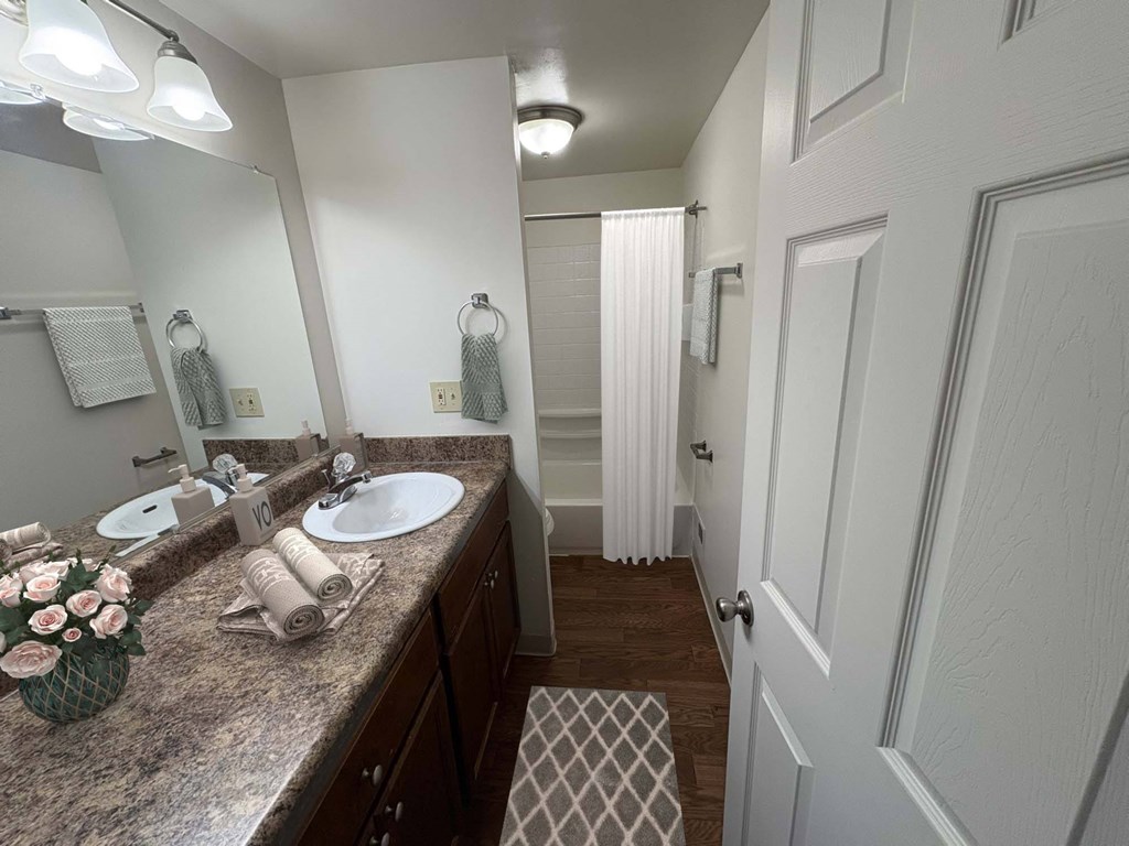 A bathroom with a marble countertop and a large mirror above it.