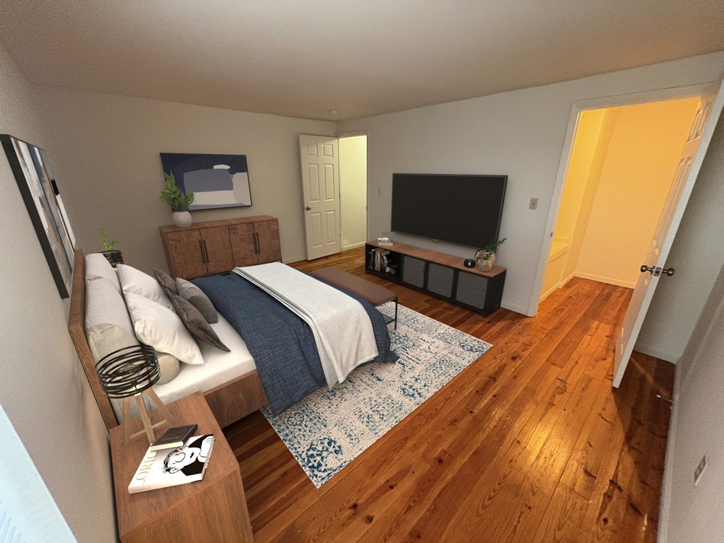 A bedroom with a bed, a dresser, a mirror, a TV, and a rug.