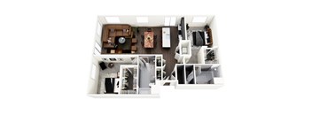 A top down view of a modern apartment with a kitchen, living room, and bedroom.