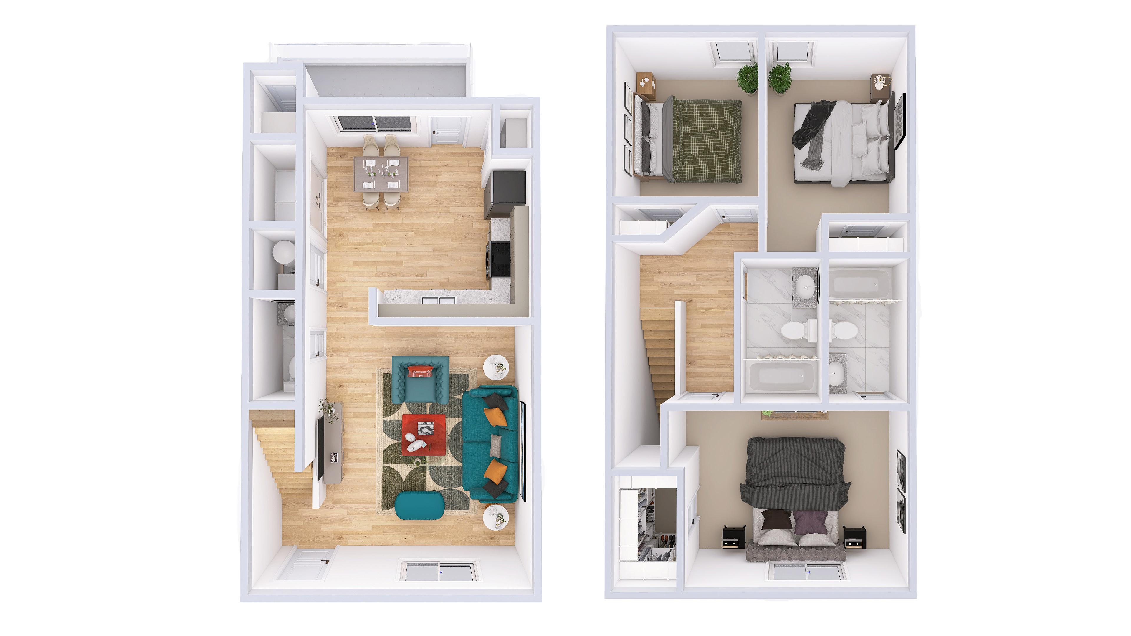 A floor plan of a small apartment with two bedrooms and a living area.