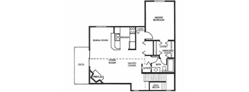 A floor plan of a house with a master bedroom, a dining room, a living room, a vaulted ceiling, a bath, a laundry, a fireplace, and a deck.