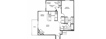 A floor plan of a house with a living room, dining room, kitchen, and two bedrooms.