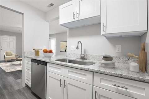 A modern kitchen with white cabinets and a stainless steel dishwasher. at Parkview of Lebanon Apartments, Indiana, 41042