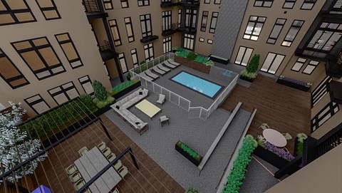 3d rendering of a building with a pool and patio at Four23/Hoge, Cincinnati, OH, 45226