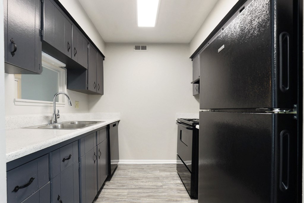 A black refrigerator is in a kitchen with a sink and cabinets.