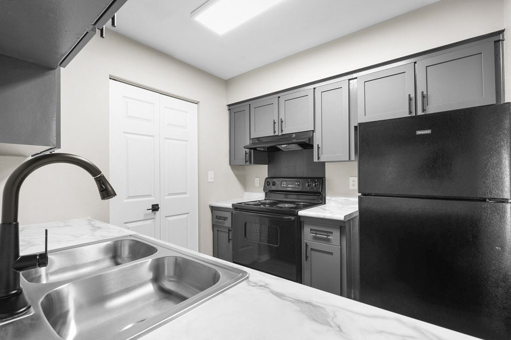 A kitchen with a black refrigerator, sink, and cabinets.