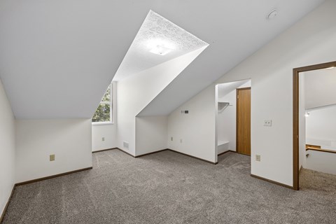 A spacious room with a skylight and carpeted floor.