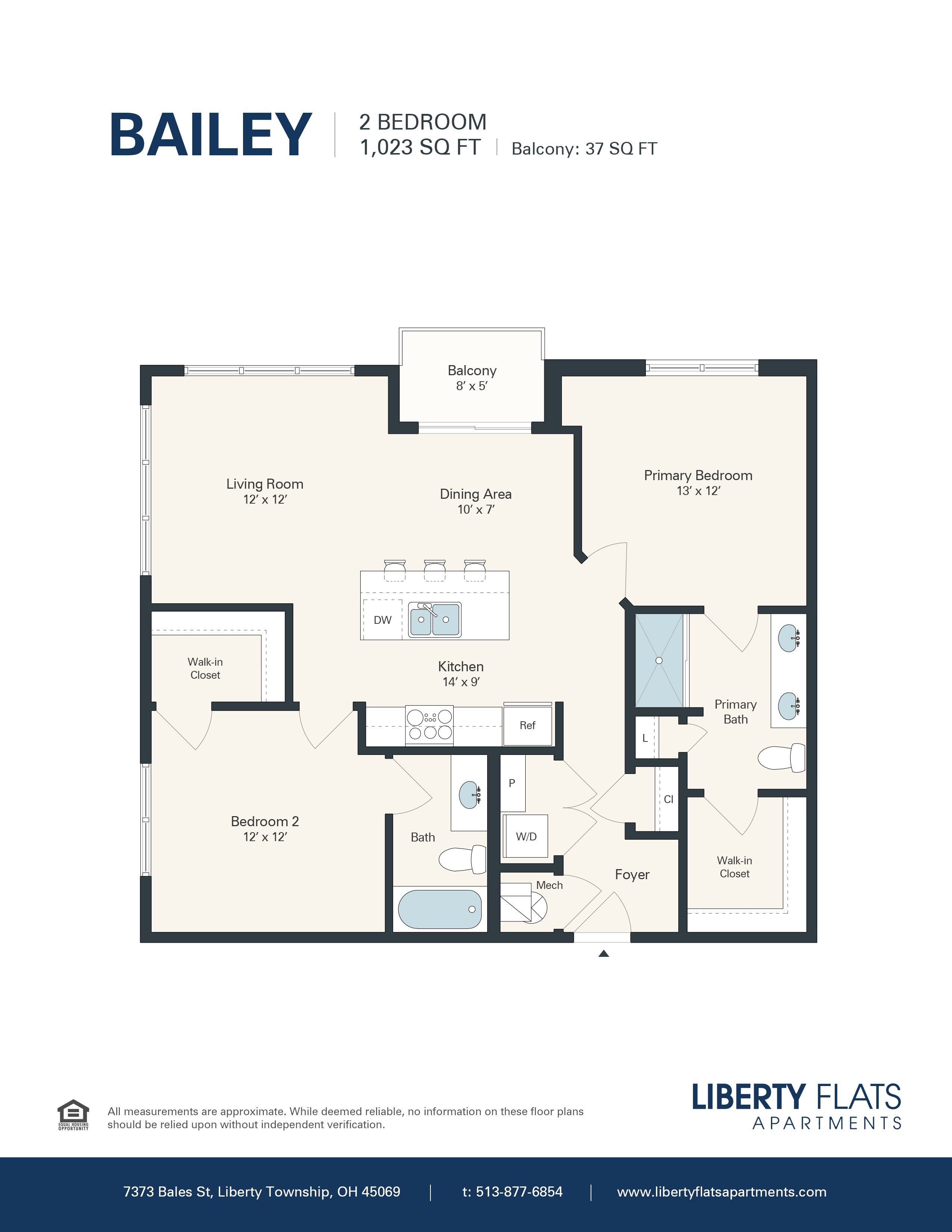 A floor plan for a 2 bedroom apartment with a living room, dining area, kitchen, and bathroom.