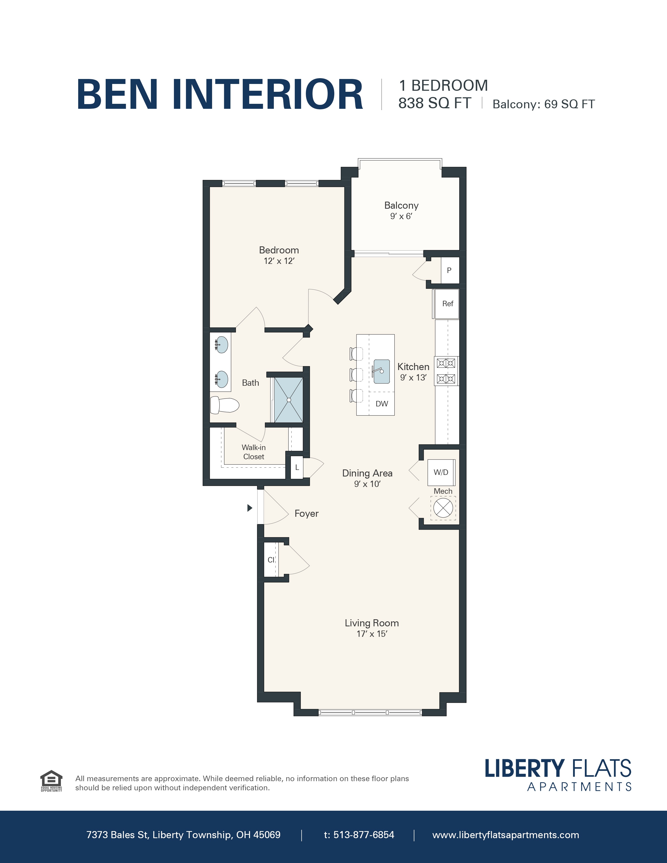 A floor plan for a Ben Interior apartment with a living room, dining area, kitchen, and bathroom.