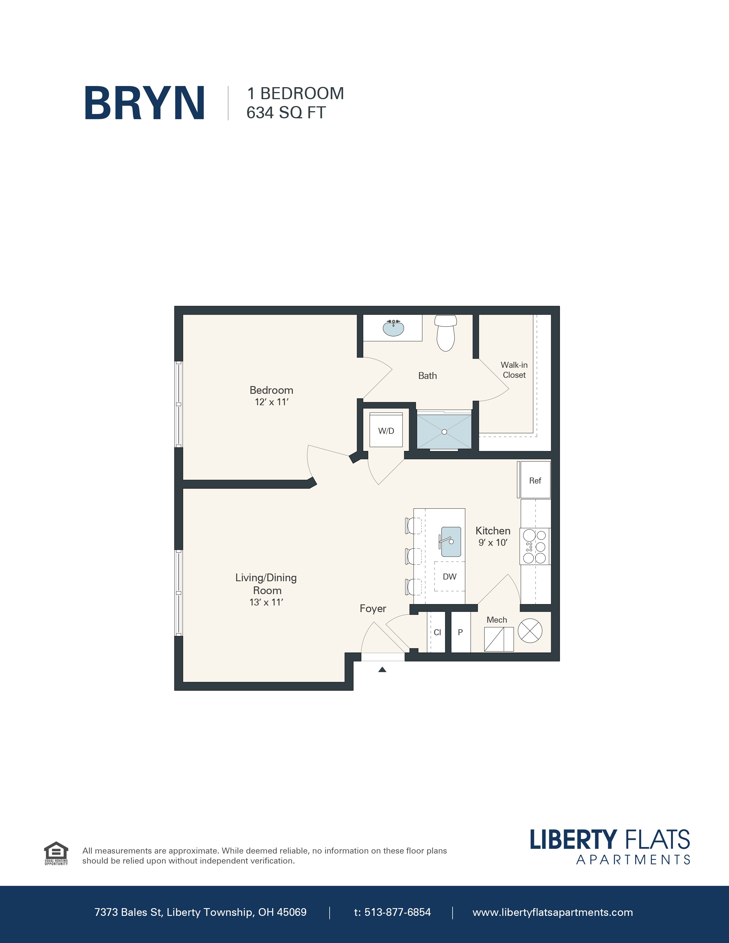A floor plan for a 1 bedroom apartment sized at 634 square feet.