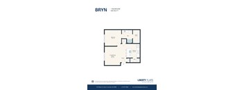A floor plan for a 1 bedroom apartment sized at 634 square feet.