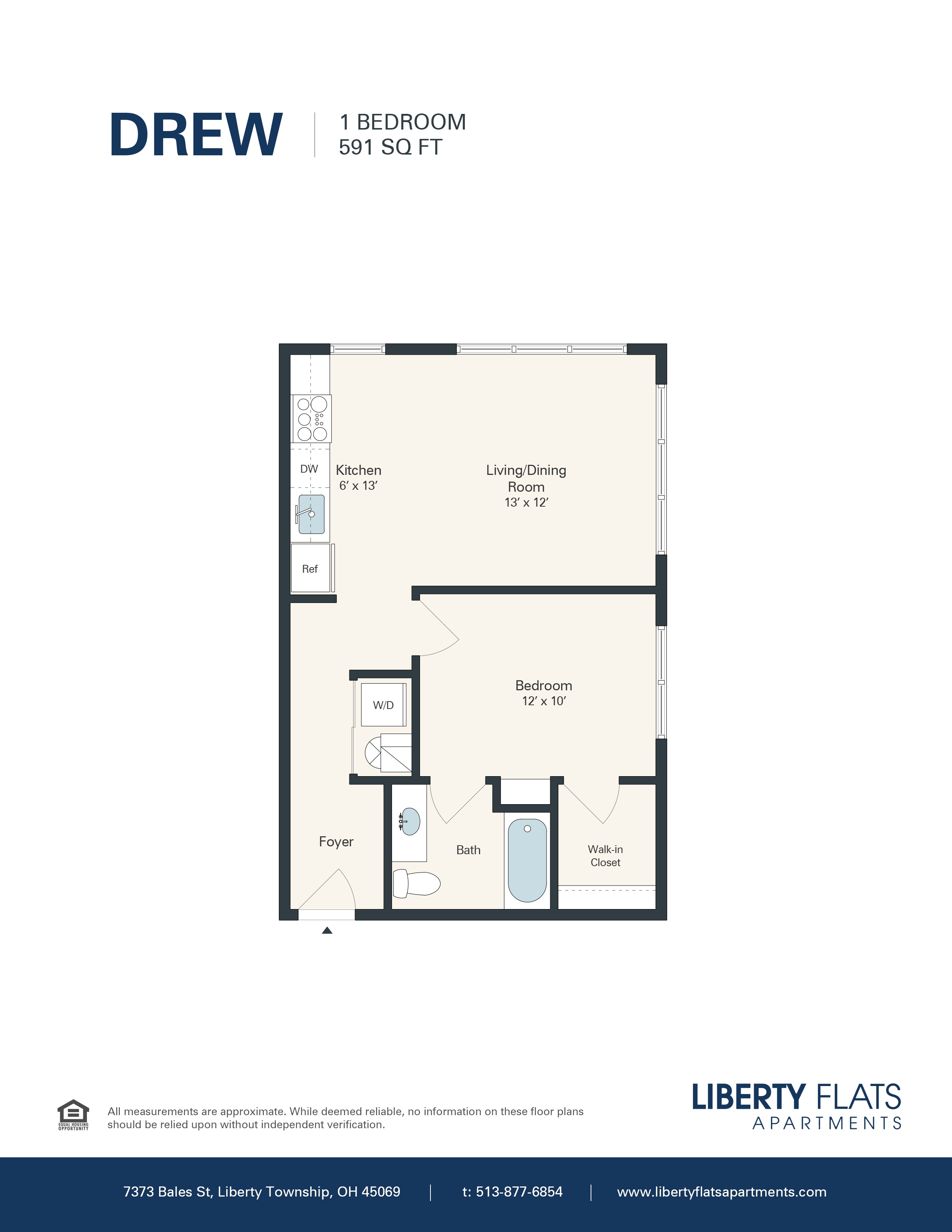 A floor plan for a 1 bedroom apartment at Liberty Flats.