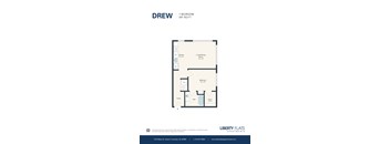 A floor plan for a 1 bedroom apartment at Liberty Flats.