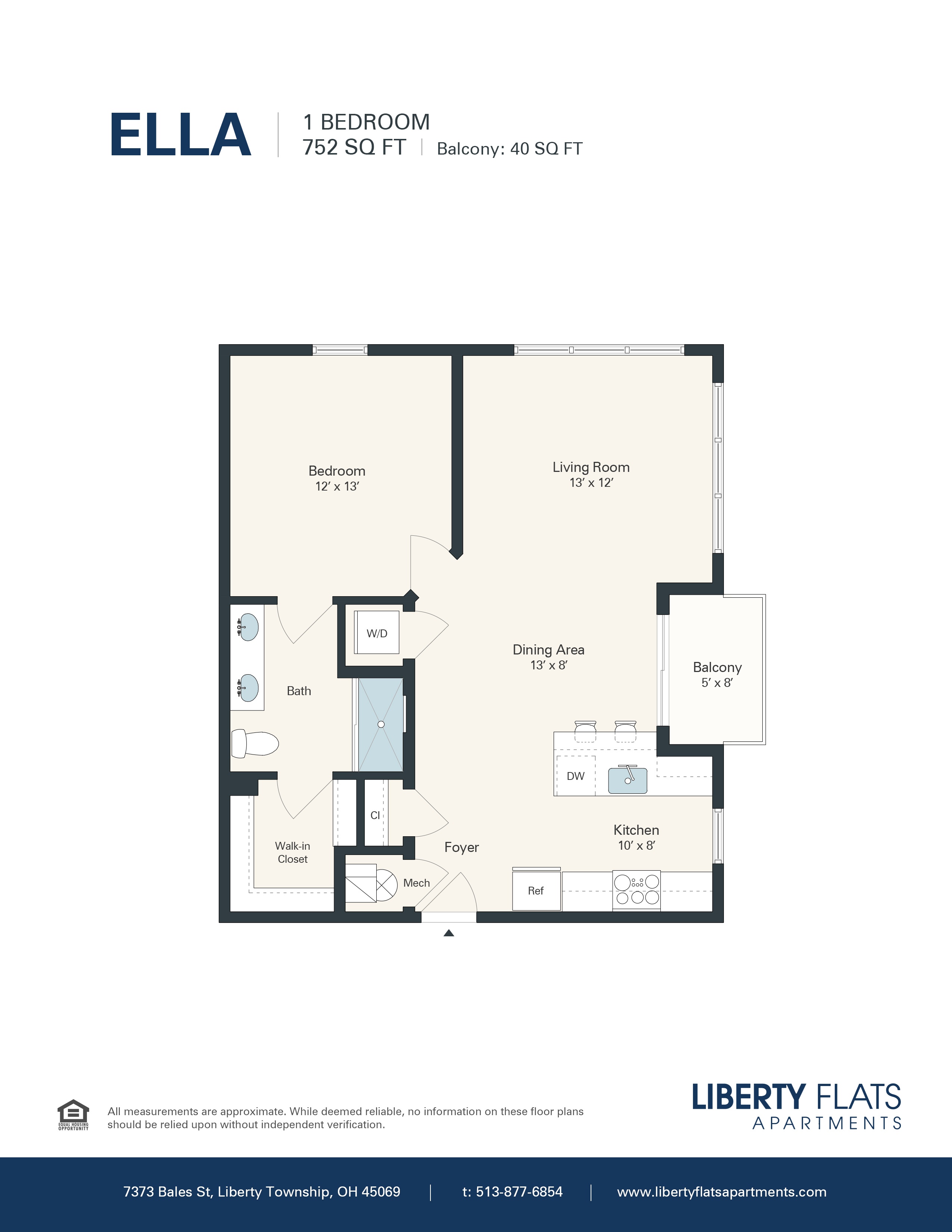 A floor plan for a 1 bedroom apartment sized at 752 square feet.
