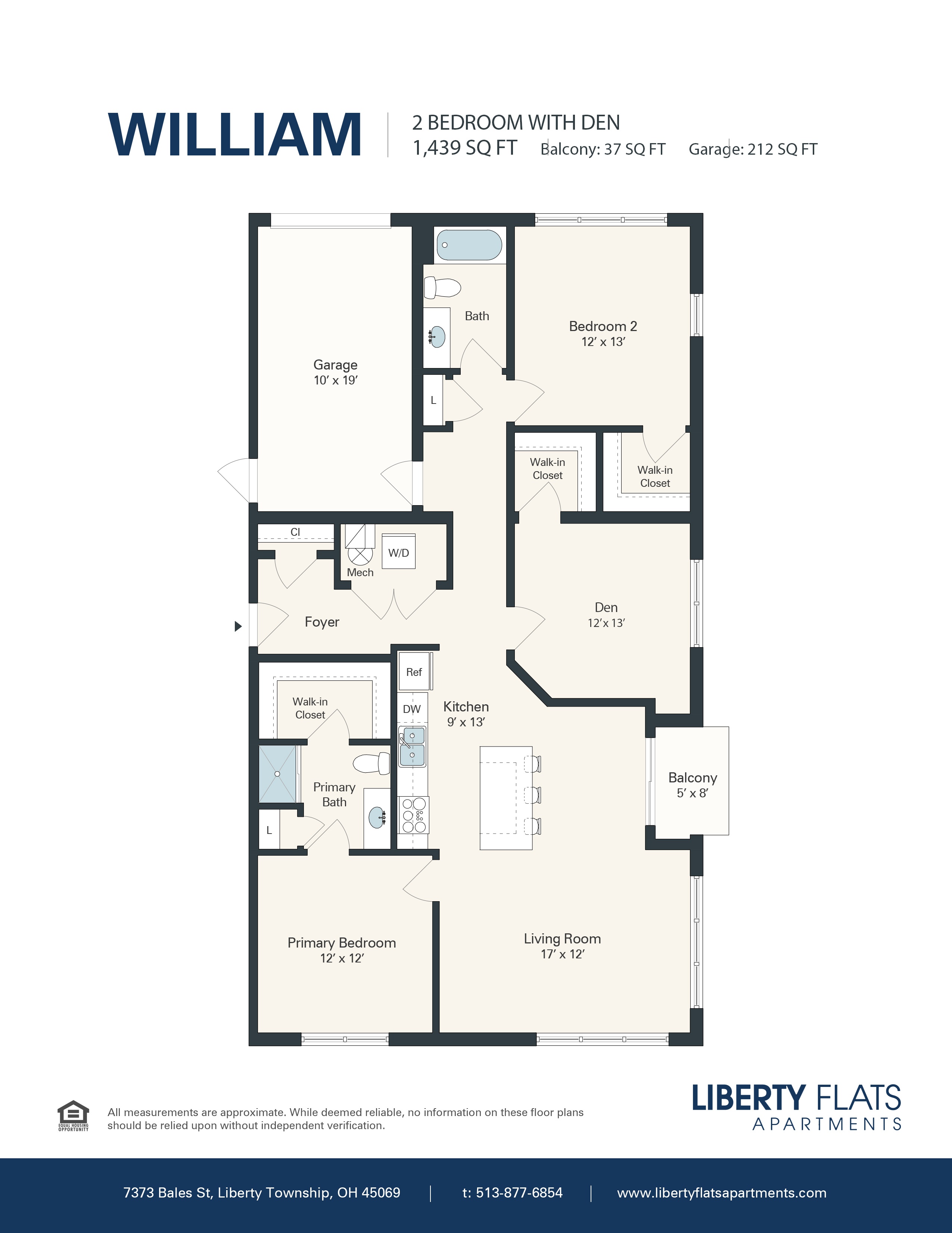 A floor plan for a 2 bedroom apartment with den.