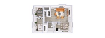 A top-down view of a modern apartment with a kitchen, living room, and bedroom.