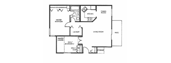 A floor plan of a house with a master bedroom, a laundry room, a dining room, a kitchen, a living room, a vaulted ceiling den, a storage area, and a patio.