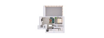 A white model of a house with a kitchen and living room.