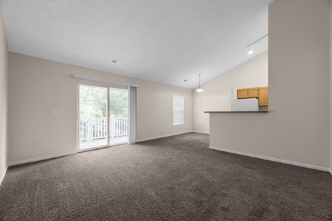 A spacious room with a carpeted floor and a sliding glass door leading to a balcony.