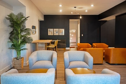 a lounge area with blue chairs and orange couches