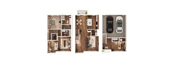 A top-down view of a house layout with a kitchen, living room, dining area, and two bedrooms.