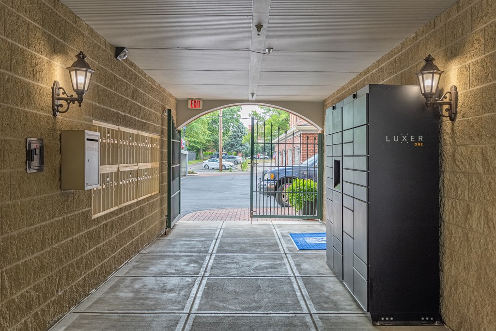 the doors are open to the lobby of the lutz building
