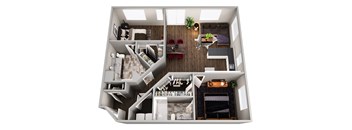 A 3D floor plan of a house with a living room, kitchen, and bedrooms.