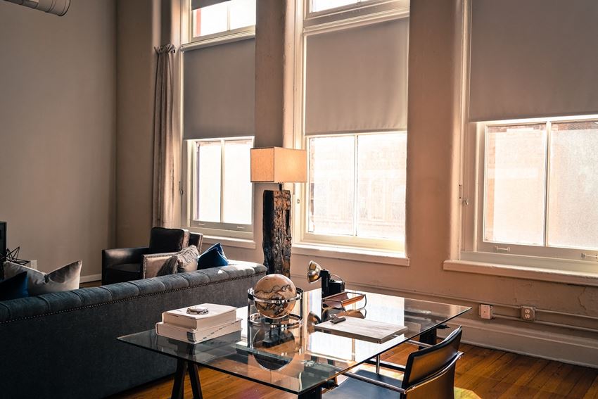 Living Room With Expansive Window Living Room With Expansive Window at The Lofts at Shillito Place, Cincinnati, OH - Photo Gallery