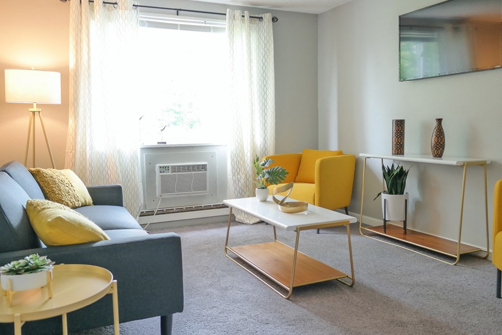 a living room with a couch and a coffee table