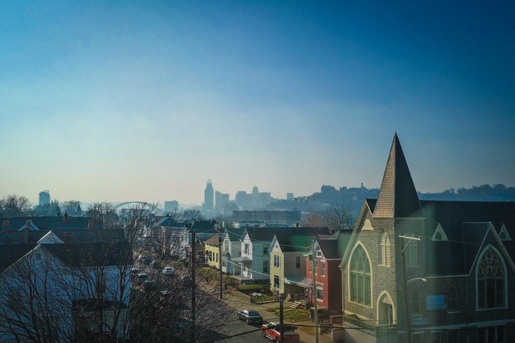 a view of the skyline from a church