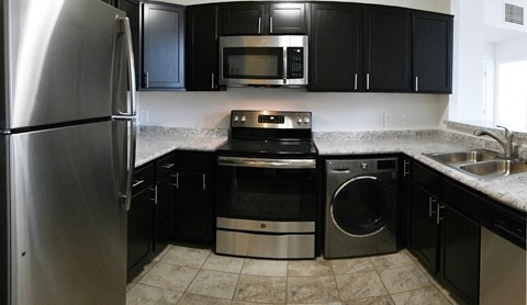 a kitchen with black cabinets and stainless steel appliances