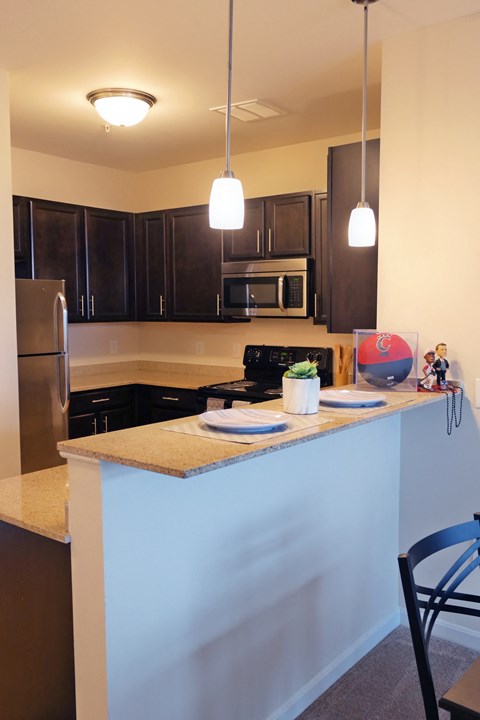 a kitchen with black cabinets and a counter top