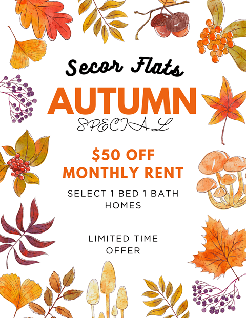 A poster advertising a $50 off monthly rent for selecting 1 bed 1 bath homes at Secor Flats during the autumn special.
