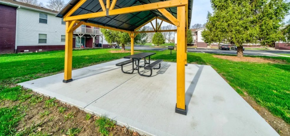 a picnic table under a pavilion in a park at Ridgeview, Indiana