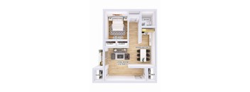 A diagram of a small apartment with a living room, dining/kitchen area, and bathroom.