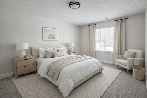 A well-lit bedroom with a large bed, a nightstand, a chair, and a framed picture on the wall.