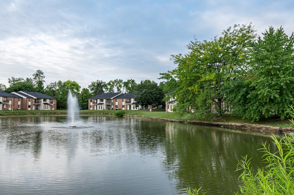a pond with a fountain in front of a row of houses