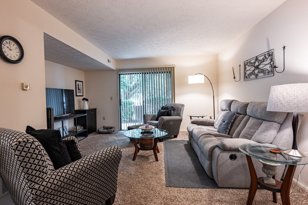 an open living room with a couch and chairs and a tv