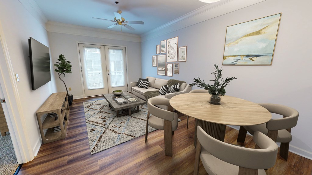 a living room with blue walls and hardwood flooring