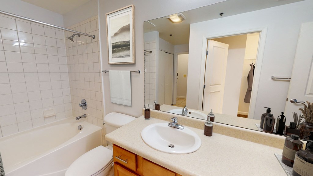a bathroom with a sink toilet and bathtub