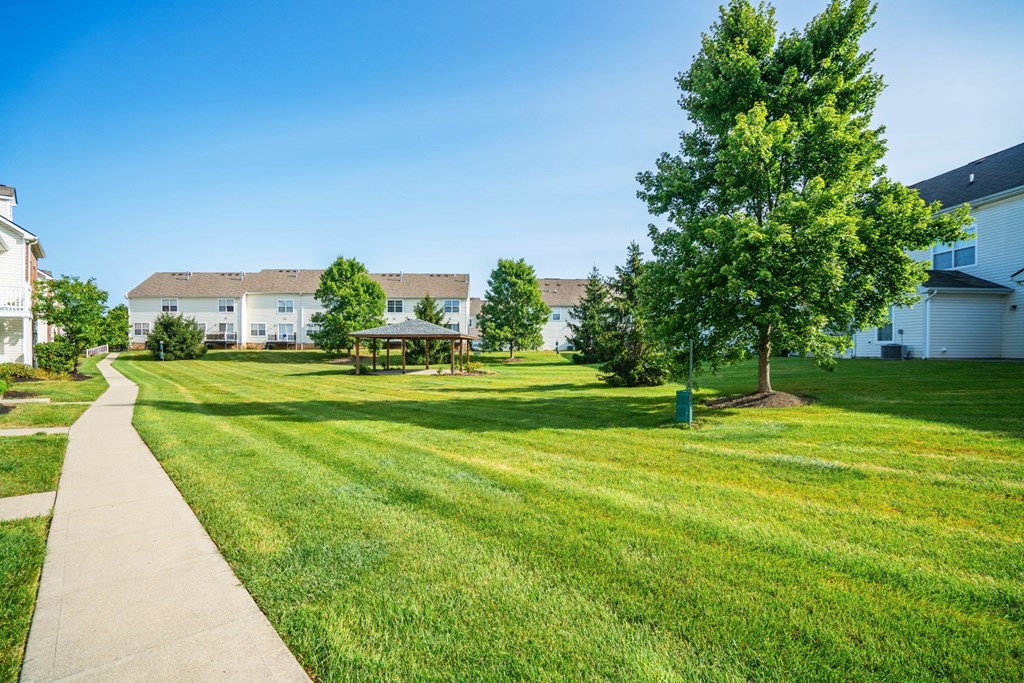 the view of a yard with houses in the background