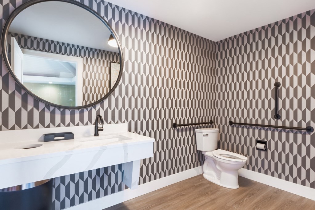 a bathroom with a toilet and a sink and a mirror