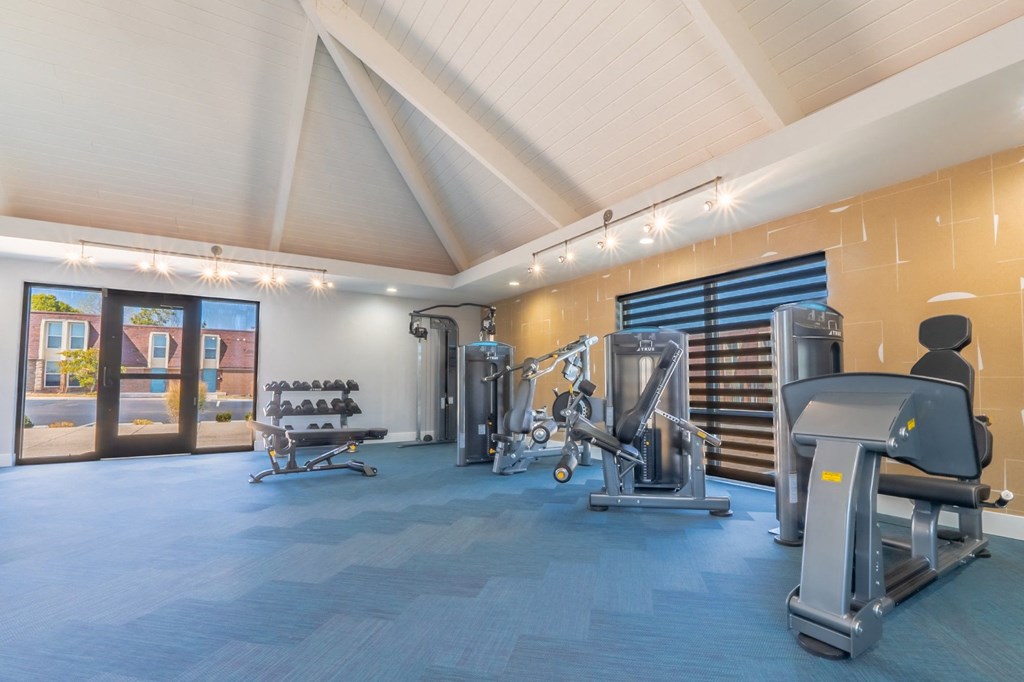 a gym with weights and cardio equipment on the floor and a glass door