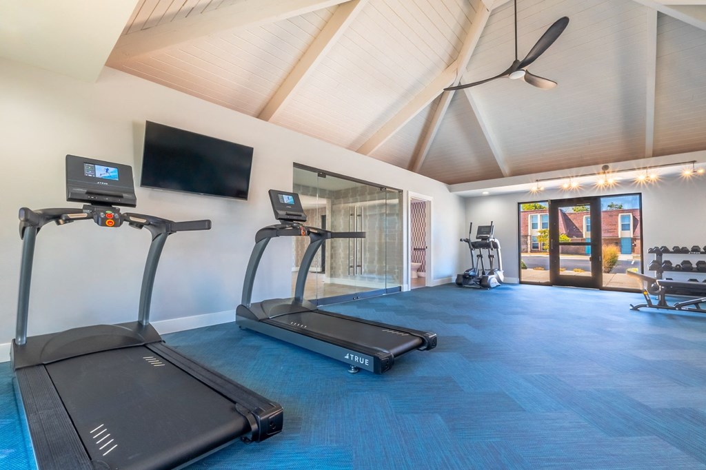 two treadmills and a tv in a gym with a glass door