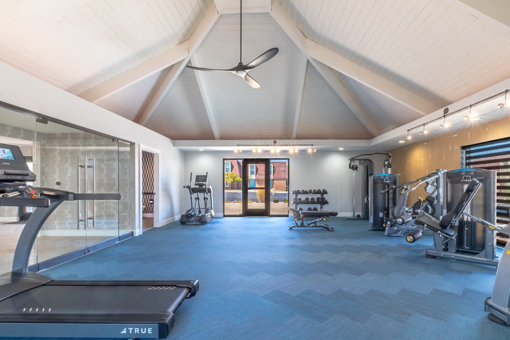 a gym with a lot of equipment and a glass door