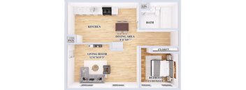 a floor plan of a living room with a kitchen and a dining area